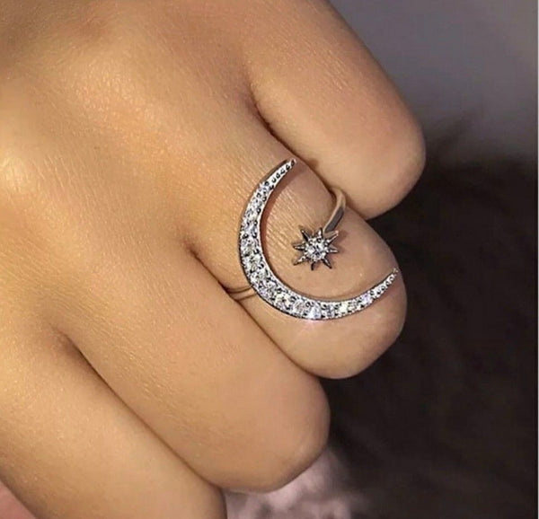 Fashion Ring Moon Star Open Finger Adjustable Rings Women Girls Rhinestone Crystal Bride Jewelry Ring Wedding Engagement Jewelry