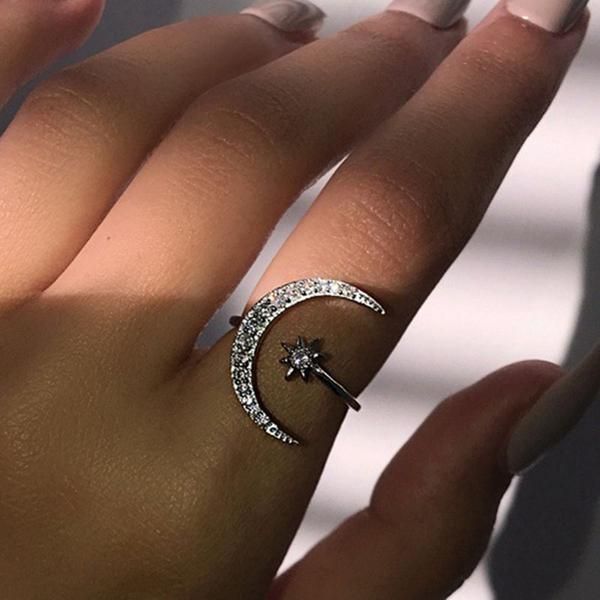 Fashion Ring Moon Star Open Finger Adjustable Rings Women Girls Rhinestone Crystal Bride Jewelry Ring Wedding Engagement Jewelry