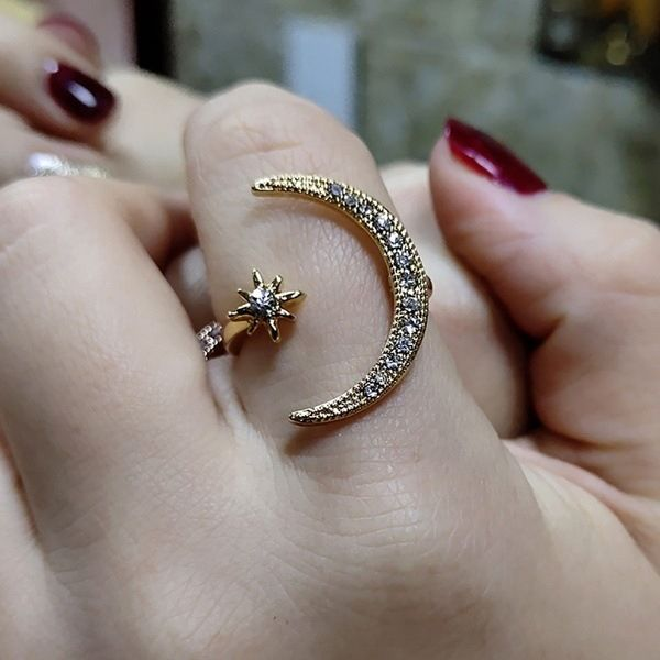 Fashion Ring Moon Star Open Finger Adjustable Rings Women Girls Rhinestone Crystal Bride Jewelry Ring Wedding Engagement Jewelry