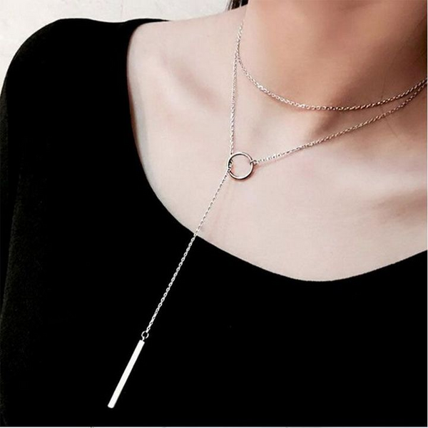 Sterling Silver Jewelry Circle Strip Long Chain Necklace collares kolye bijoux femme Choker Necklace S-N51