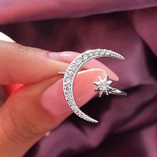 Fashion Ring Moon Star Open Finger Adjustable Rings Women Girls Rhinestone Crystal Bride Jewelry Ring Wedding Engagement Jewelry
