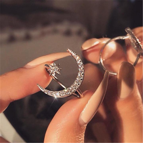 Fashion Ring Moon Star Open Finger Adjustable Rings Women Girls Rhinestone Crystal Bride Jewelry Ring Wedding Engagement Jewelry