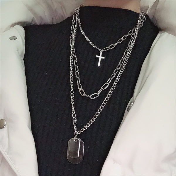 Multilayers Punk Chains Cross Necklace Couple Fashion Street Hip Hop Geometric Metal Pendant Necklaces for Women