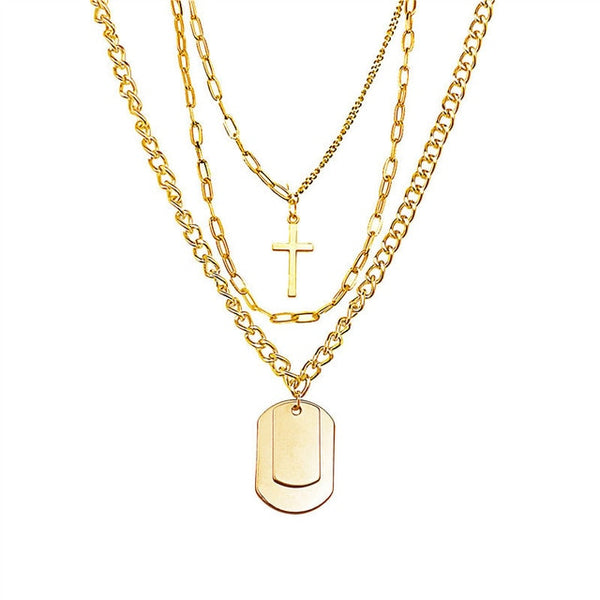 Multilayers Punk Chains Cross Necklace Couple Fashion Street Hip Hop Geometric Metal Pendant Necklaces for Women