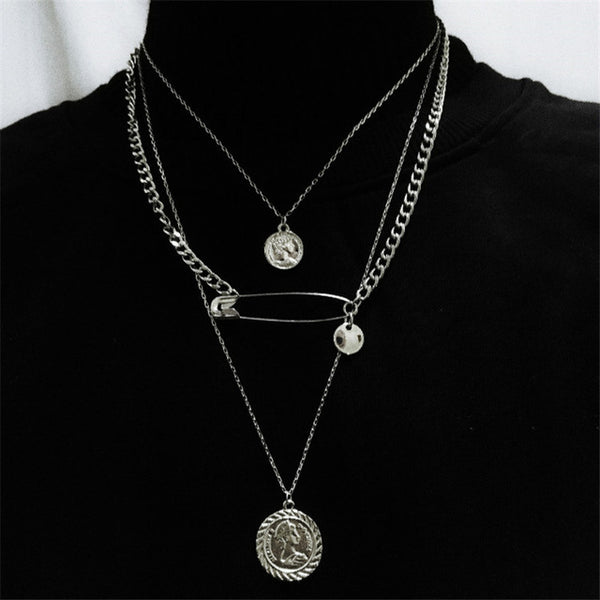 Multilayers Punk Chains Cross Necklace Couple Fashion Street Hip Hop Geometric Metal Pendant Necklaces for Women