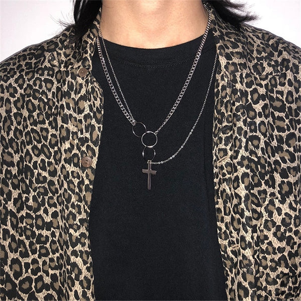 Multilayers Punk Chains Cross Necklace Couple Fashion Street Hip Hop Geometric Metal Pendant Necklaces for Women