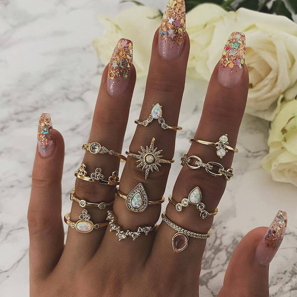 9 Design Boho Vintage Gold Star Midi Moon Rings Set For Women Opal Crystal Midi Finger Ring 2019 Female Bohemian Jewelry Gifts