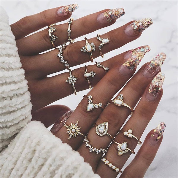 9 Design Boho Vintage Gold Star Midi Moon Rings Set For Women Opal Crystal Midi Finger Ring 2019 Female Bohemian Jewelry Gifts