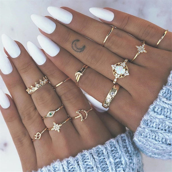 9 Design Boho Vintage Gold Star Midi Moon Rings Set For Women Opal Crystal Midi Finger Ring 2019 Female Bohemian Jewelry Gifts