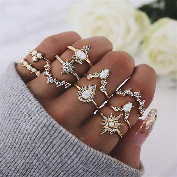 9 Design Boho Vintage Gold Star Midi Moon Rings Set For Women Opal Crystal Midi Finger Ring 2019 Female Bohemian Jewelry Gifts