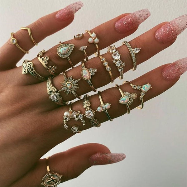 9 Design Boho Vintage Gold Star Midi Moon Rings Set For Women Opal Crystal Midi Finger Ring 2019 Female Bohemian Jewelry Gifts