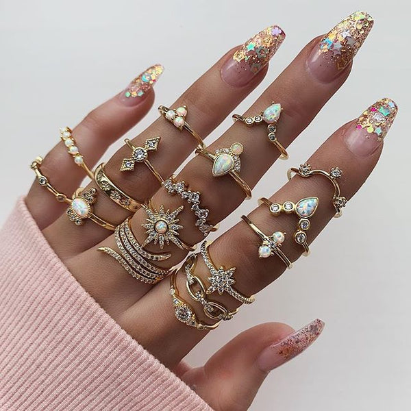 9 Design Boho Vintage Gold Star Midi Moon Rings Set For Women Opal Crystal Midi Finger Ring 2019 Female Bohemian Jewelry Gifts