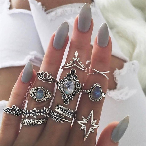 9 Design Boho Vintage Gold Star Midi Moon Rings Set For Women Opal Crystal Midi Finger Ring 2019 Female Bohemian Jewelry Gifts
