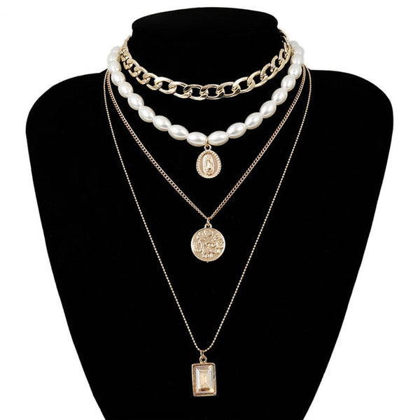 Punk Multi Layered Pearl Choker Necklace Collar Statement Virgin Mary Coin Crystal Pendant Necklace Women Jewelry