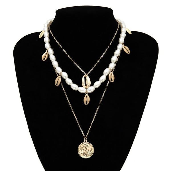 Punk Multi Layered Pearl Choker Necklace Collar Statement Virgin Mary Coin Crystal Pendant Necklace Women Jewelry