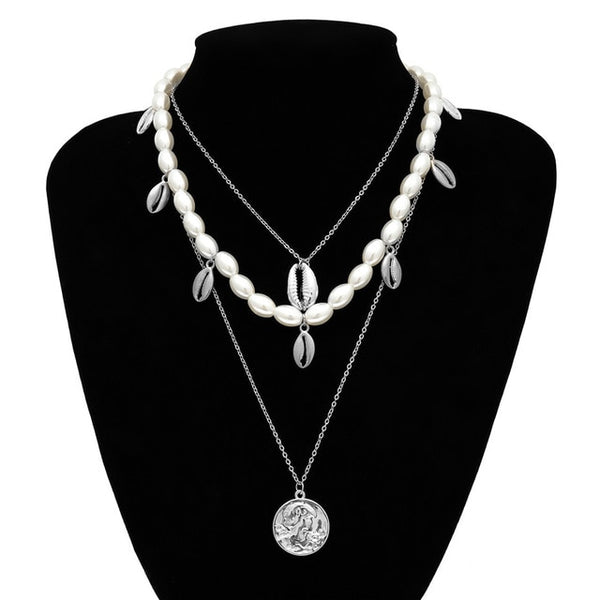 Punk Multi Layered Pearl Choker Necklace Collar Statement Virgin Mary Coin Crystal Pendant Necklace Women Jewelry
