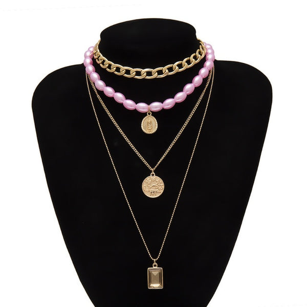 Punk Multi Layered Pearl Choker Necklace Collar Statement Virgin Mary Coin Crystal Pendant Necklace Women Jewelry