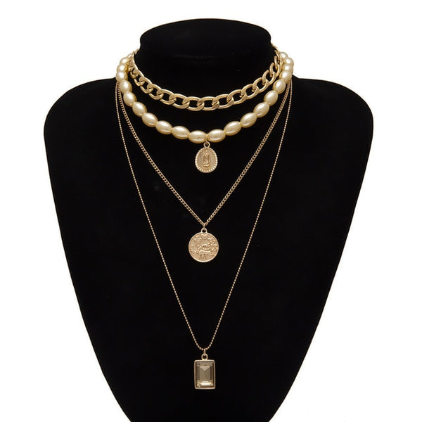 Punk Multi Layered Pearl Choker Necklace Collar Statement Virgin Mary Coin Crystal Pendant Necklace Women Jewelry