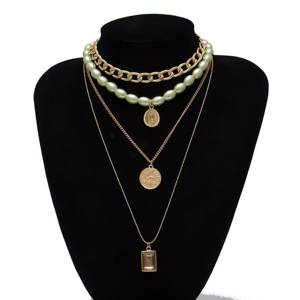 Punk Multi Layered Pearl Choker Necklace Collar Statement Virgin Mary Coin Crystal Pendant Necklace Women Jewelry