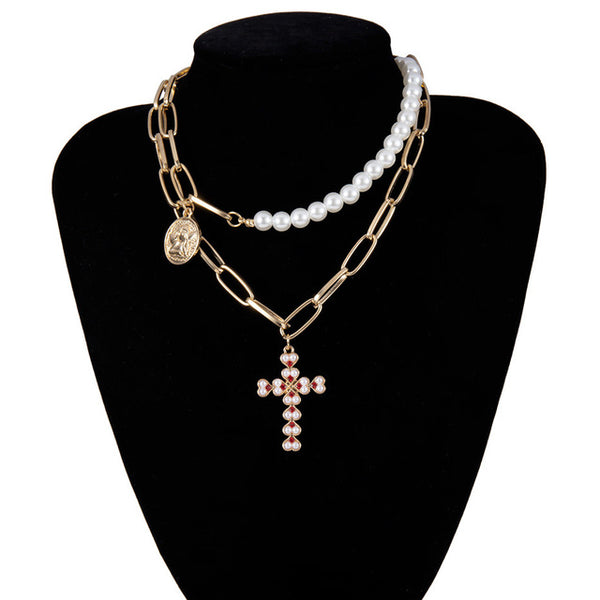 Punk Multi Layered Pearl Choker Necklace Collar Statement Virgin Mary Coin Crystal Pendant Necklace Women Jewelry