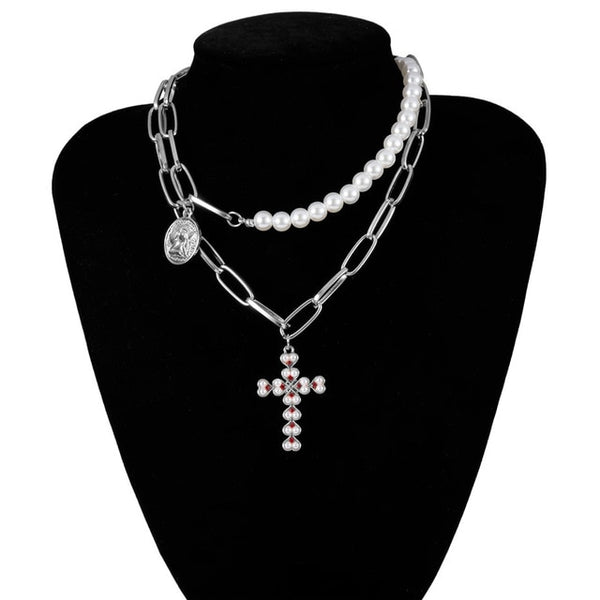 Punk Multi Layered Pearl Choker Necklace Collar Statement Virgin Mary Coin Crystal Pendant Necklace Women Jewelry